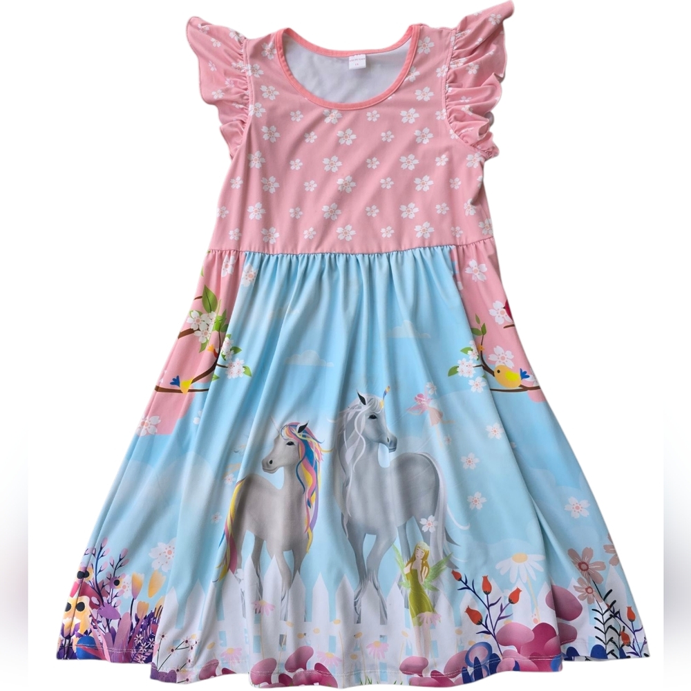 Penelope Plumm Pink and Blue Unicorn Angel Sleeve Dress Size 12
